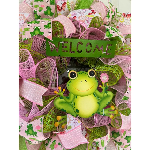 Welcome Frog Mesh Ribbon Spring & Summer Wreath Front Door Hanger Home Decor - Picture 2 of 8